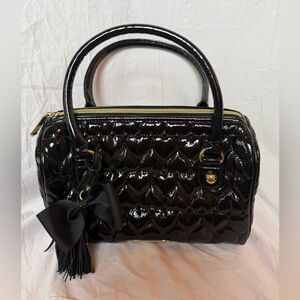 Betsey Johnson "Be Mine" black quilted patent leather satchel heart bow detail